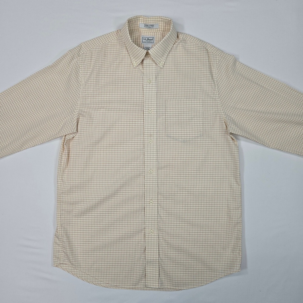 L.L.Bean Wrinkle Free Traditional Fit Button Down Shirt Mens M Neutral Check